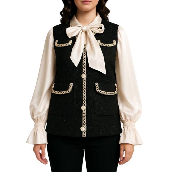 GG Women Tweed Preppy Glam Layered Puff Sleeve Blouse Small - Picture 1 of 7